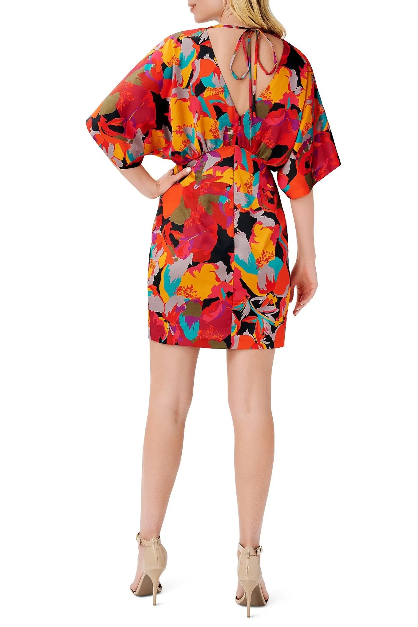 Aidan By Aidan Mattox V Neck Short Sleeves Self Tie Back Short Floral Printed Dress
