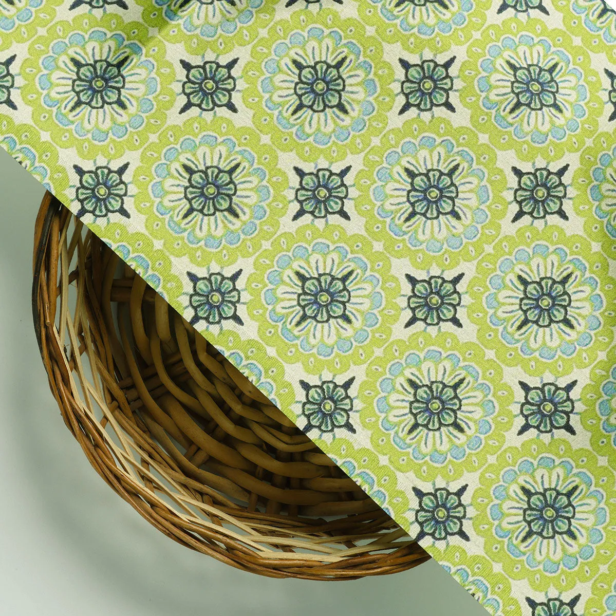 Attractive Tiny Green Link Flower Digital Printed Fabric - Japan Satin