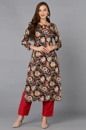 Cotton Blend Black Floral Printed Straight Kurta