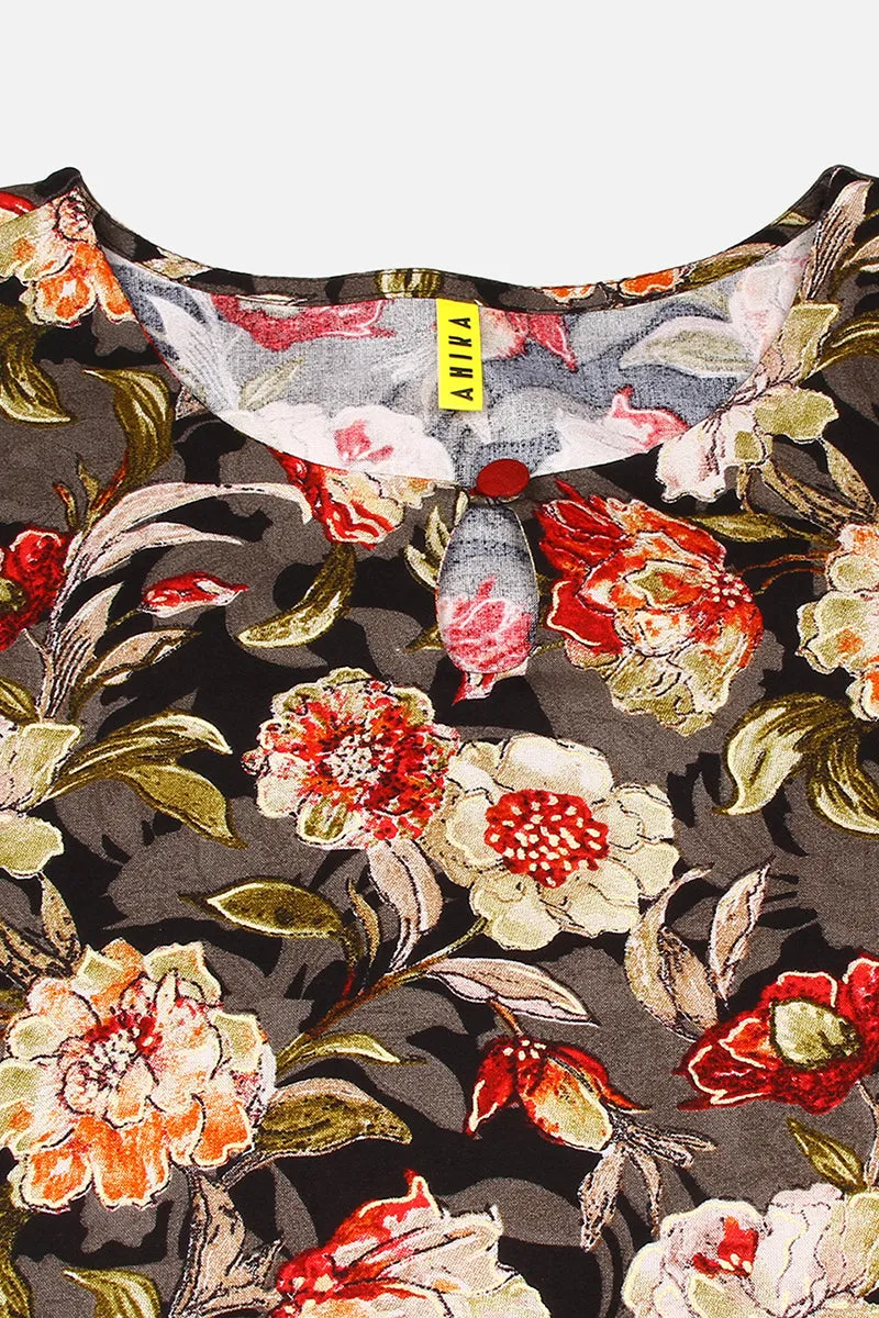 Cotton Blend Black Floral Printed Straight Kurta