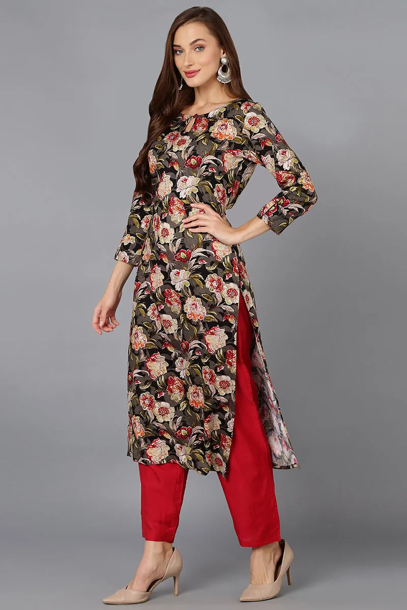 Cotton Blend Black Floral Printed Straight Kurta
