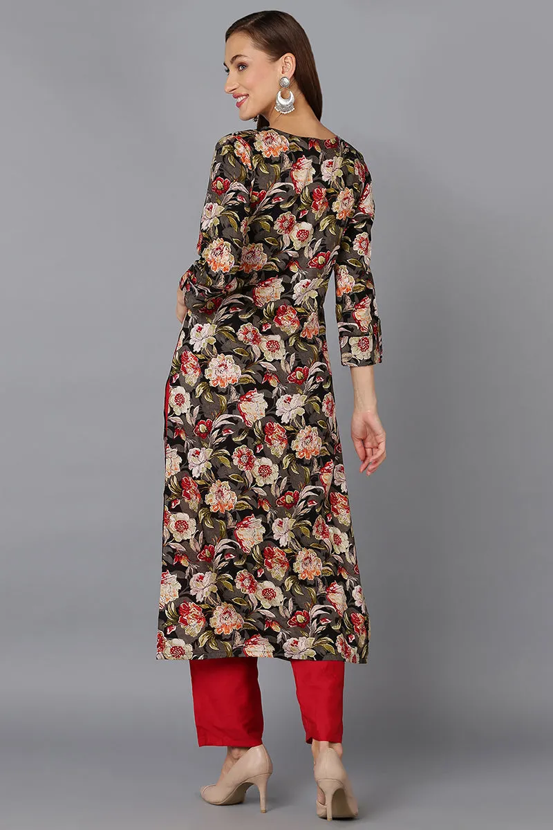 Cotton Blend Black Floral Printed Straight Kurta