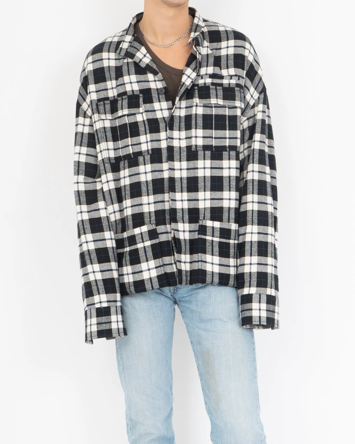 FW17 Quilted Mandarin Collar Checked Wool Shirt Jacket Black/White