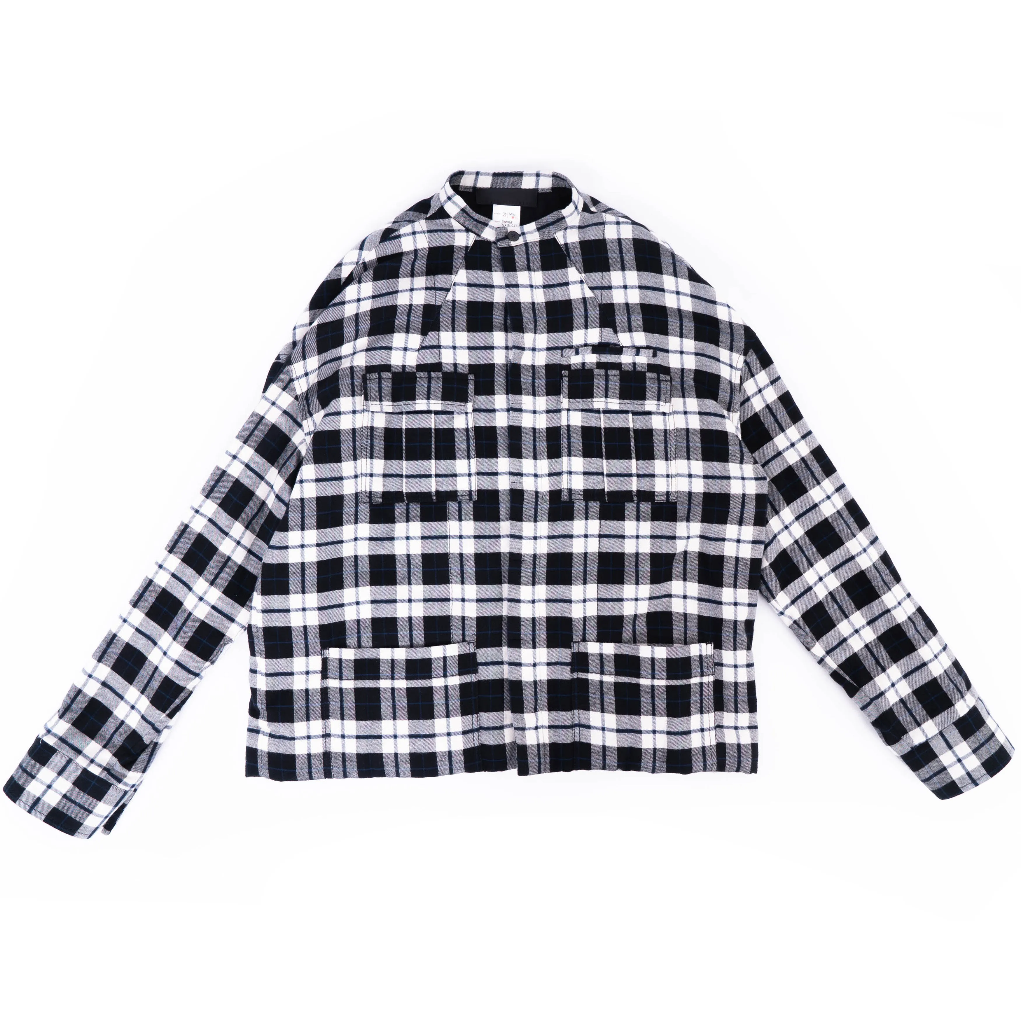 FW17 Quilted Mandarin Collar Checked Wool Shirt Jacket Black/White