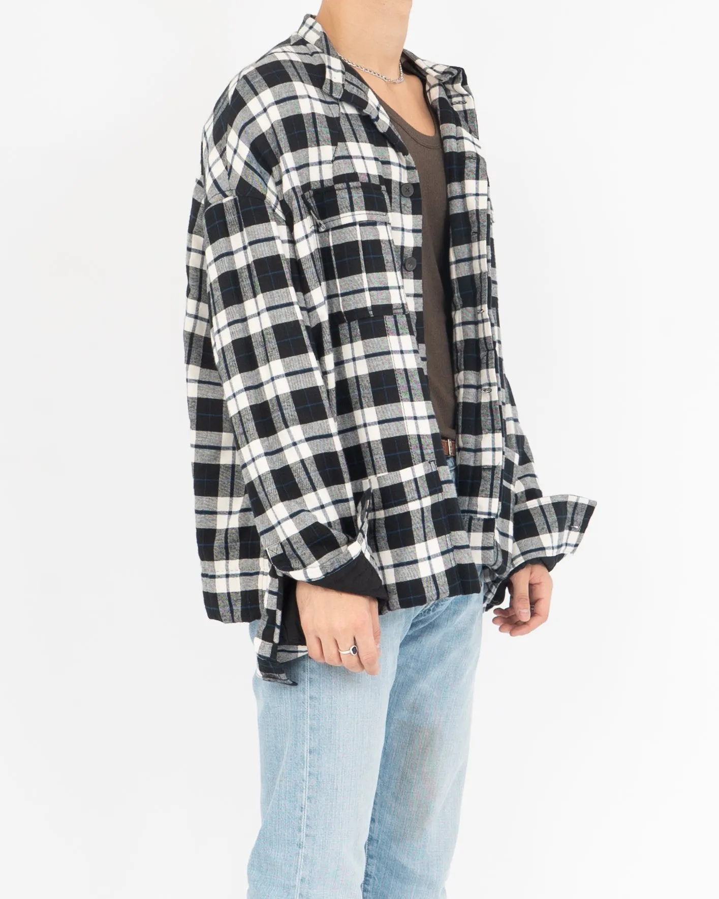 FW17 Quilted Mandarin Collar Checked Wool Shirt Jacket Black/White