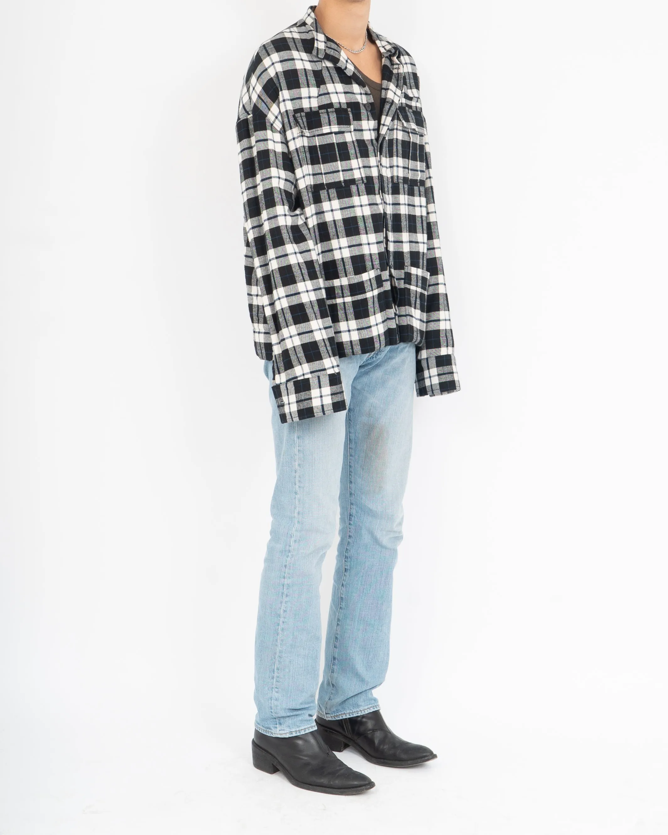 FW17 Quilted Mandarin Collar Checked Wool Shirt Jacket Black/White
