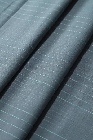 Grey And Teal Stripes Pattern On Handwoven Organic Cotton Fabric