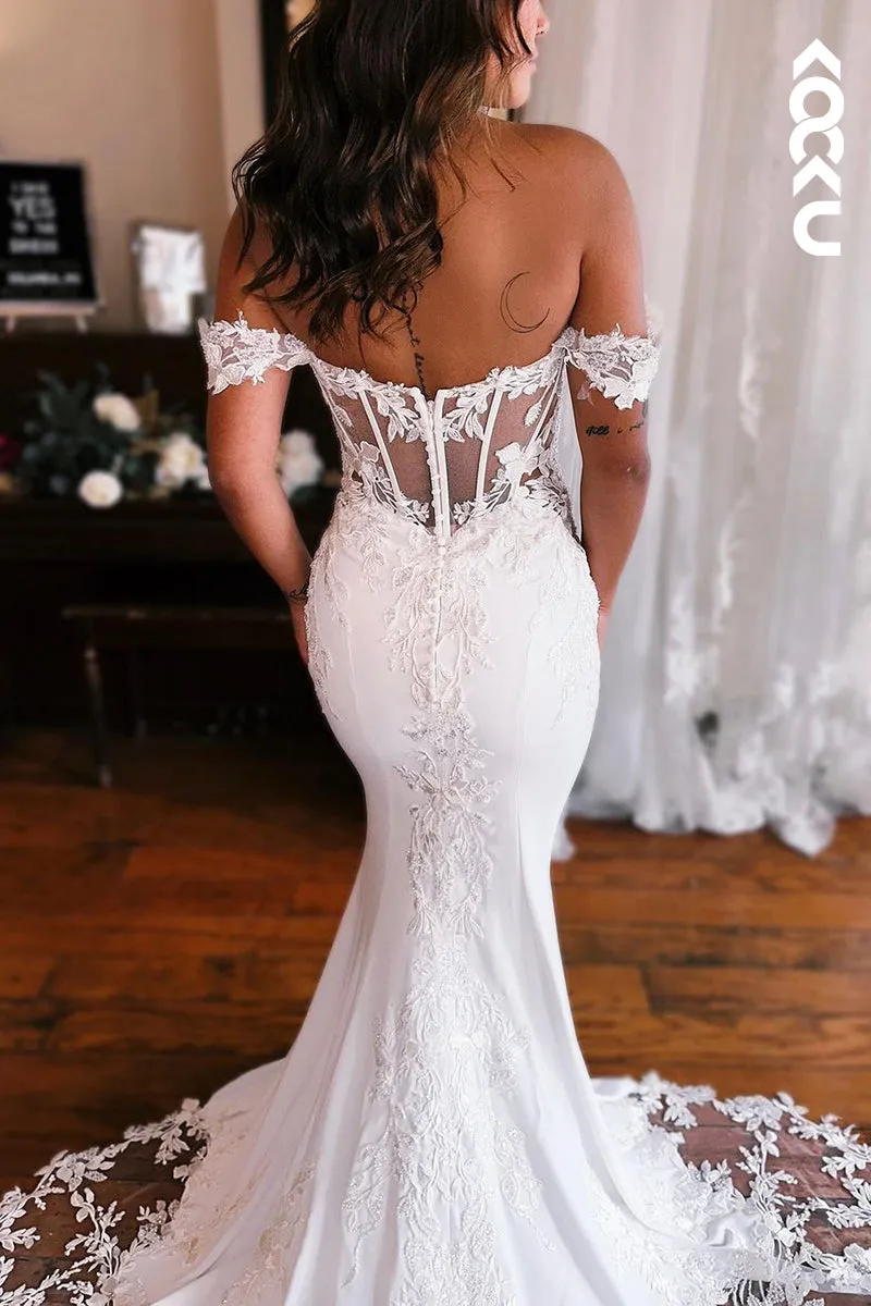 K1955 - Gorgeous & Charming Off-Shoulder Cap Sleeves Mermaid Trumpet Lace Applique Wedding Dress