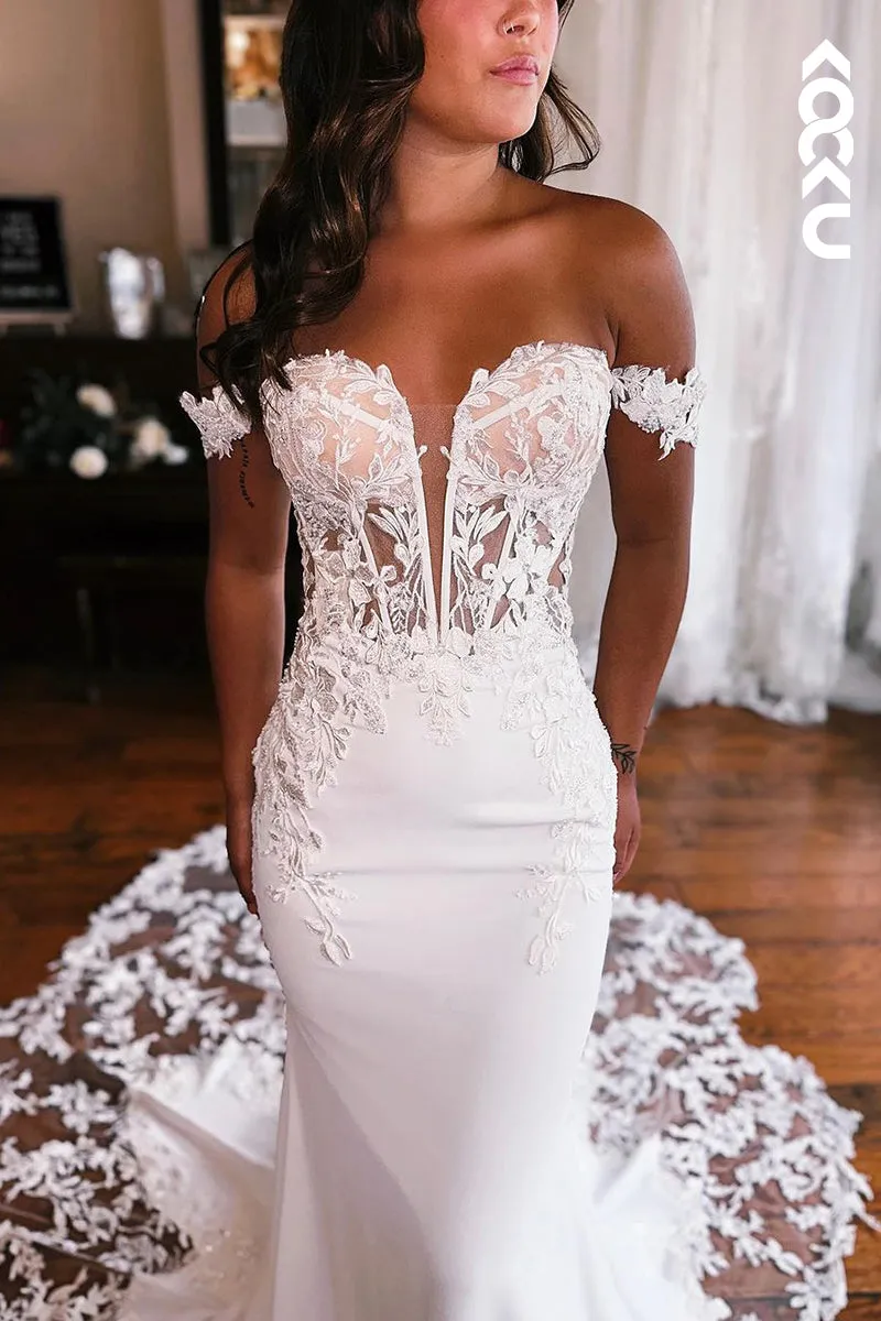 K1955 - Gorgeous & Charming Off-Shoulder Cap Sleeves Mermaid Trumpet Lace Applique Wedding Dress