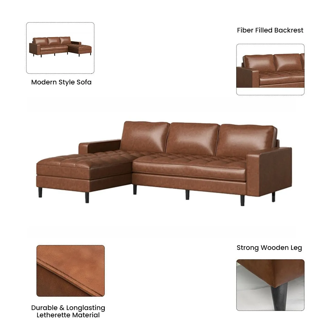 Kuffer 5 Seater Leatherette L Shape Sofa for Living Room