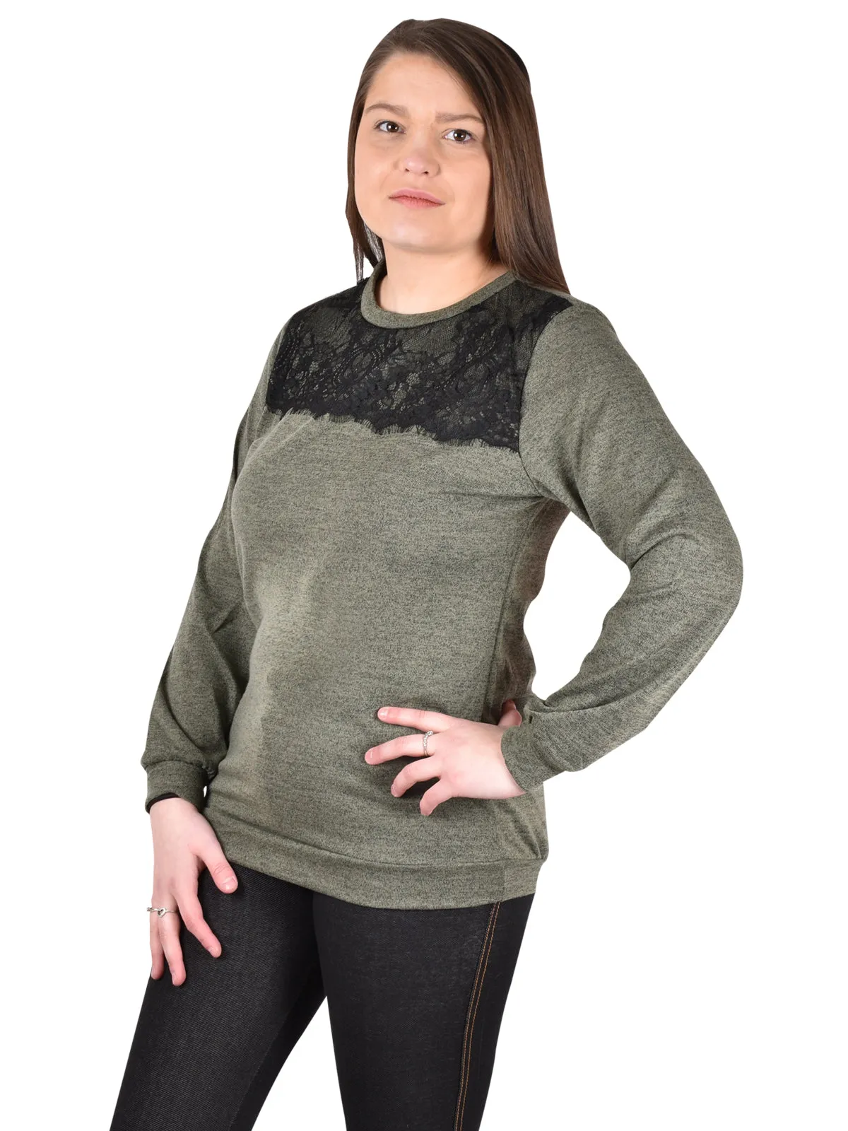Lace Contrast Long Sleeve Top - S