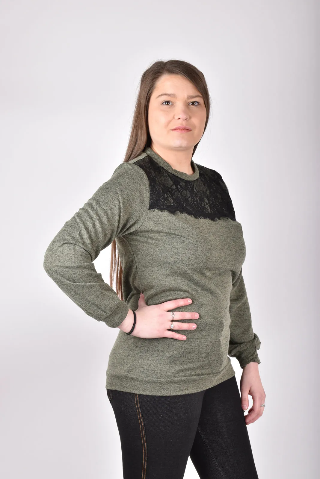 Lace Contrast Long Sleeve Top - S