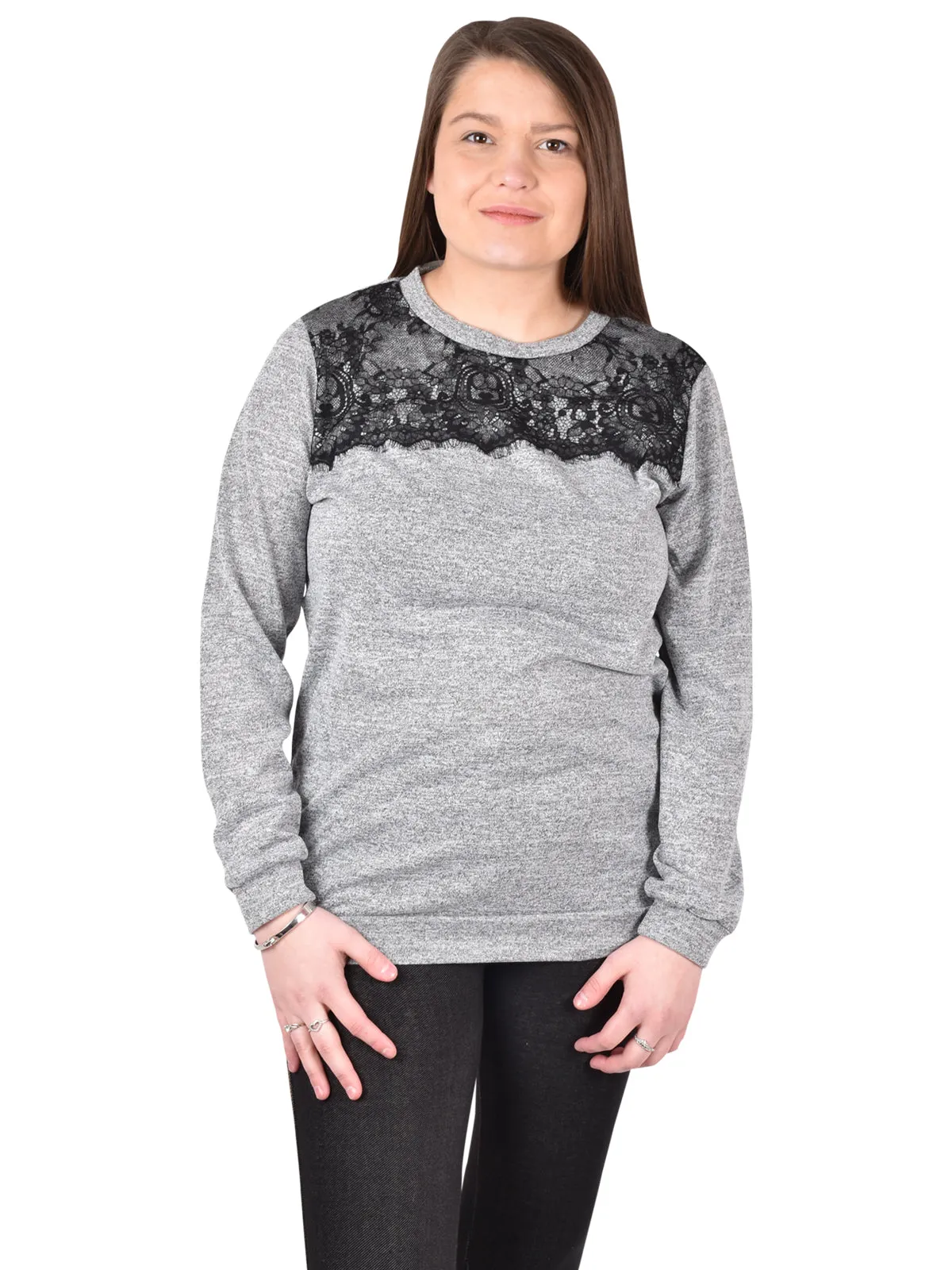 Lace Contrast Long Sleeve Top - S