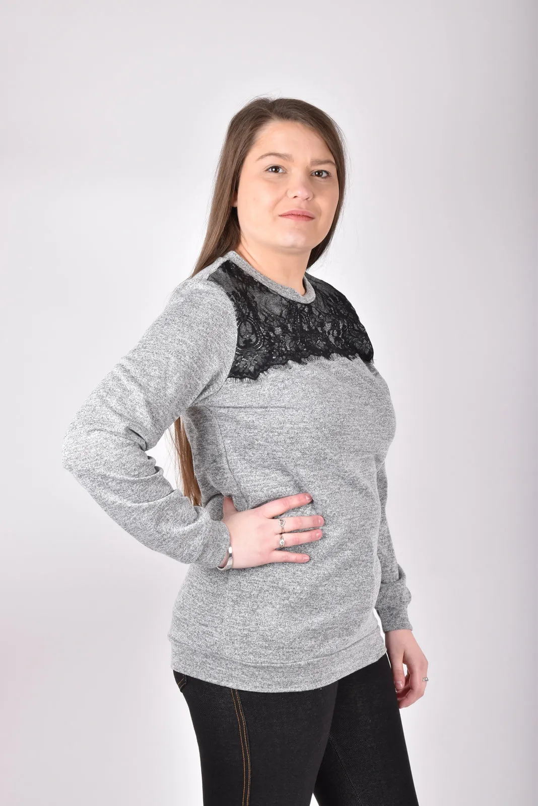 Lace Contrast Long Sleeve Top - S