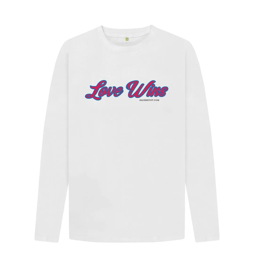 Love Wins organic men's long sleeve tee, white, grey coffee
