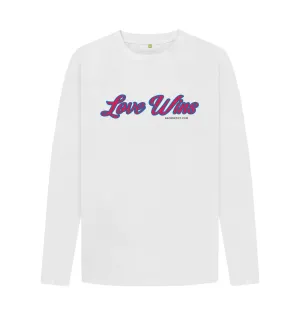 Love Wins organic men's long sleeve tee, white, grey coffee