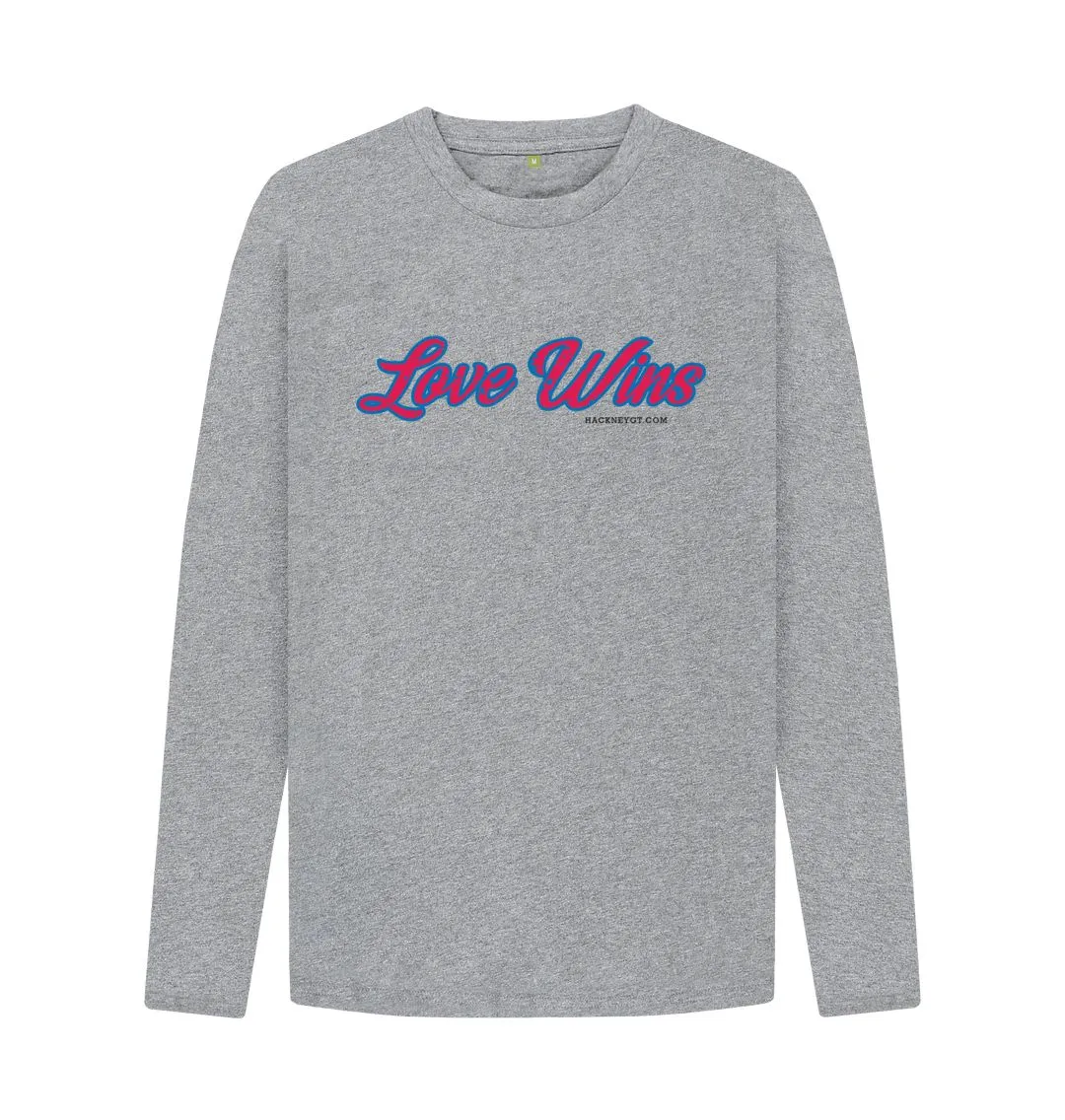Love Wins organic men's long sleeve tee, white, grey coffee