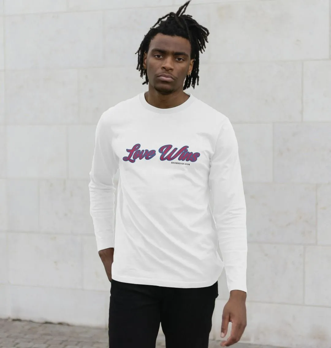 Love Wins organic men's long sleeve tee, white, grey coffee