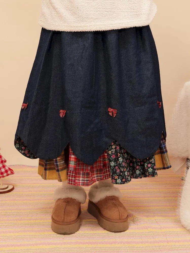 Petal Ribbon Quilted Denim Half-body Skirt【s0000005578】
