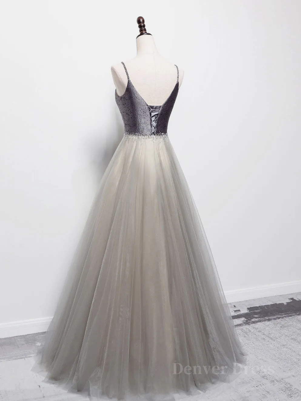 Simple gray v neck tulle long prom dress gray tulle formal dress