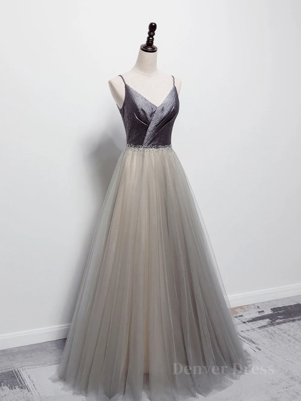 Simple gray v neck tulle long prom dress gray tulle formal dress