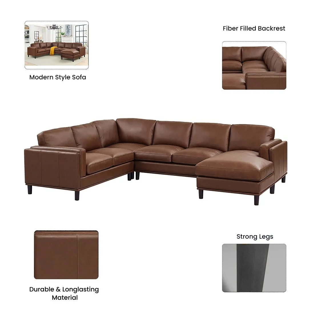 Steno 6 Seater U Shape Leatherette Modular Sofa for Living Room - Dark Brown