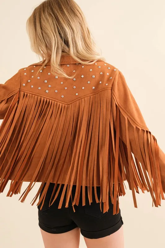 Studded Fringe Open Western Jacket - FASHIONGO