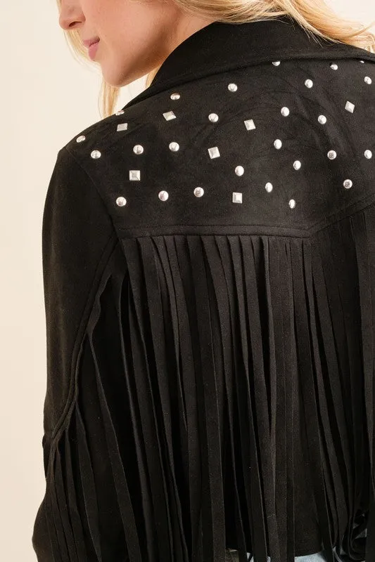 Studded Fringe Open Western Jacket - FASHIONGO