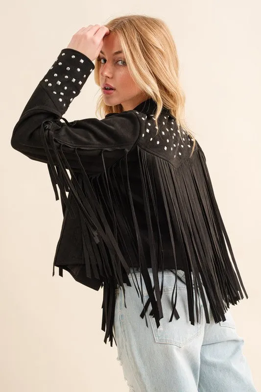 Studded Fringe Open Western Jacket - FASHIONGO