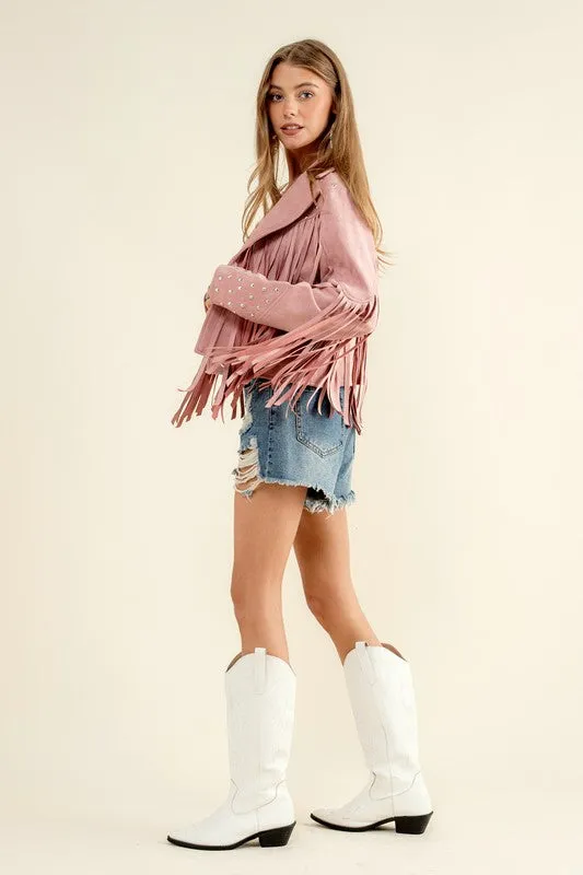 Studded Fringe Open Western Jacket - FASHIONGO