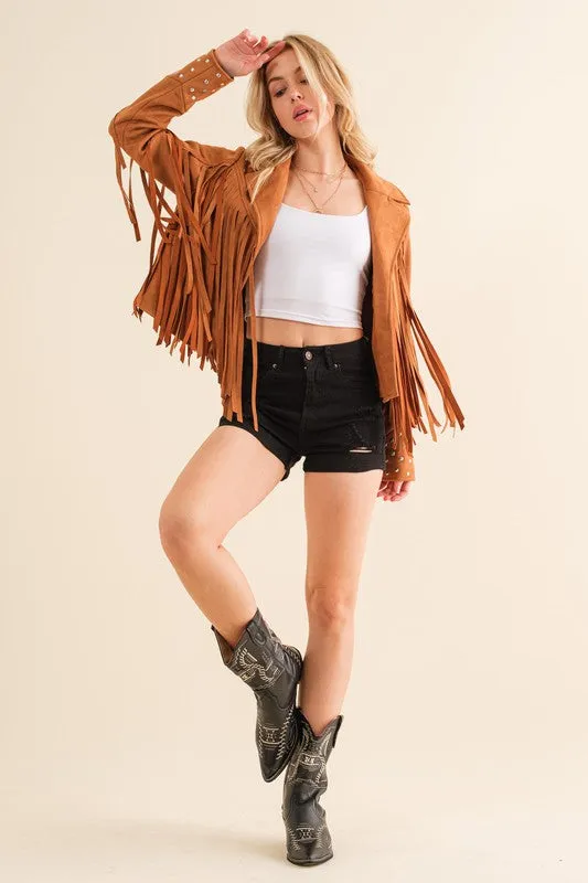 Studded Fringe Open Western Jacket - FASHIONGO