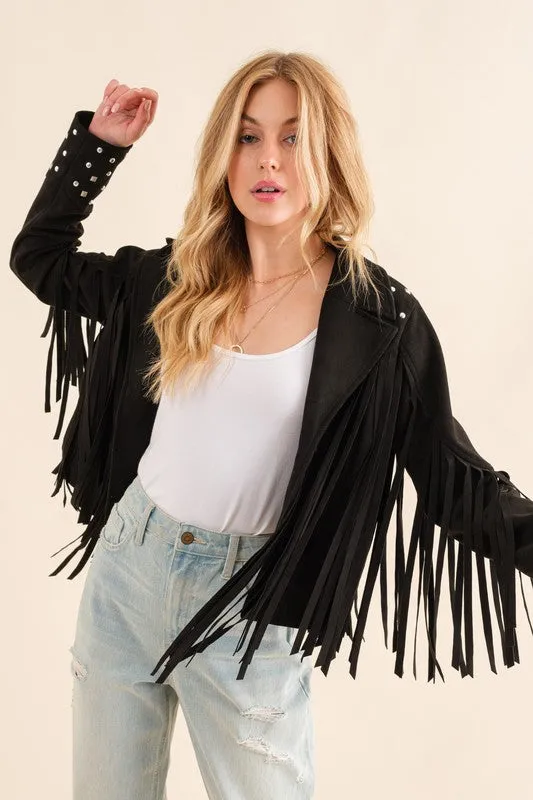 Studded Fringe Open Western Jacket - FASHIONGO
