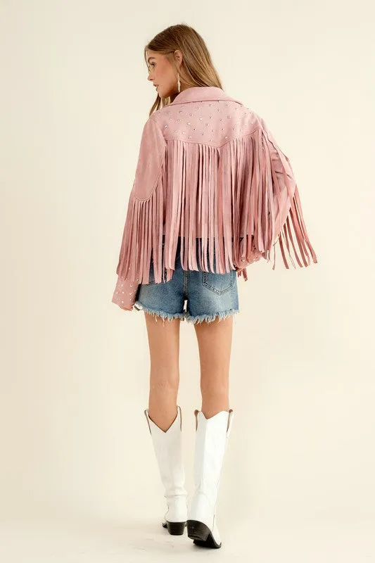 Studded Fringe Open Western Jacket - FASHIONGO