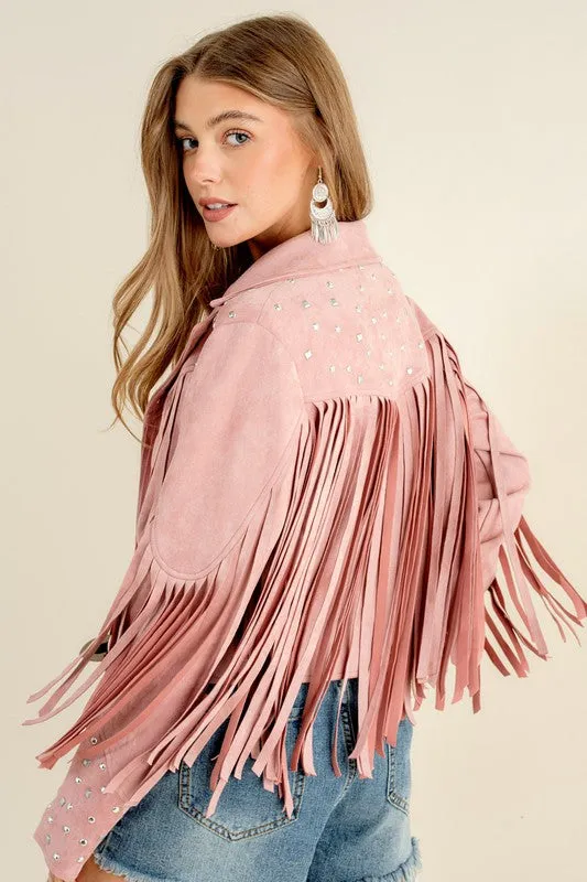 Studded Fringe Open Western Jacket - FASHIONGO