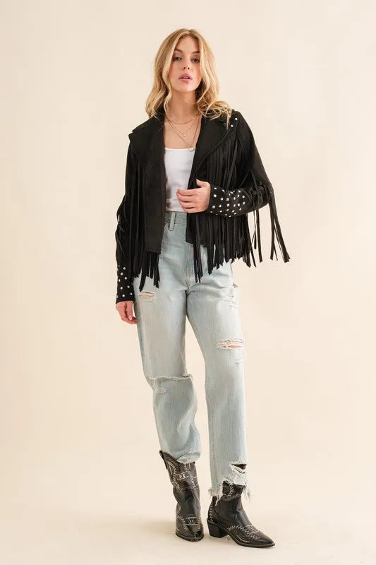 Studded Fringe Open Western Jacket - FASHIONGO