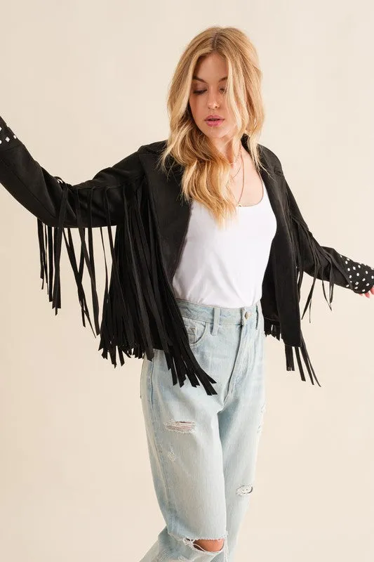 Studded Fringe Open Western Jacket - FASHIONGO