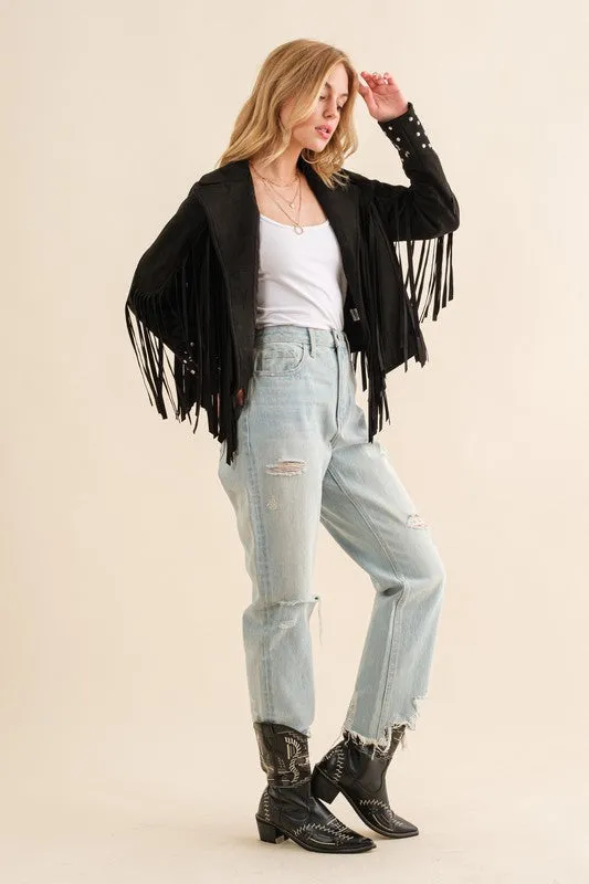 Studded Fringe Open Western Jacket - FASHIONGO