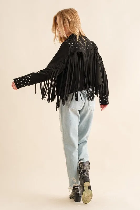Studded Fringe Open Western Jacket - FASHIONGO