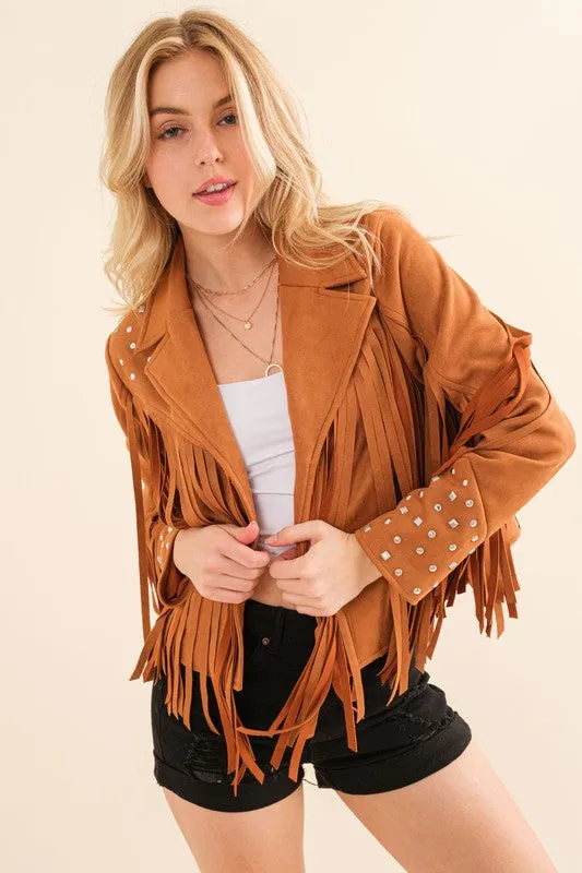 Studded Fringe Open Western Jacket - FASHIONGO
