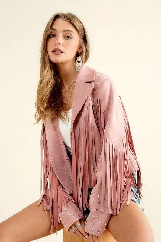 Studded Fringe Open Western Jacket - FASHIONGO