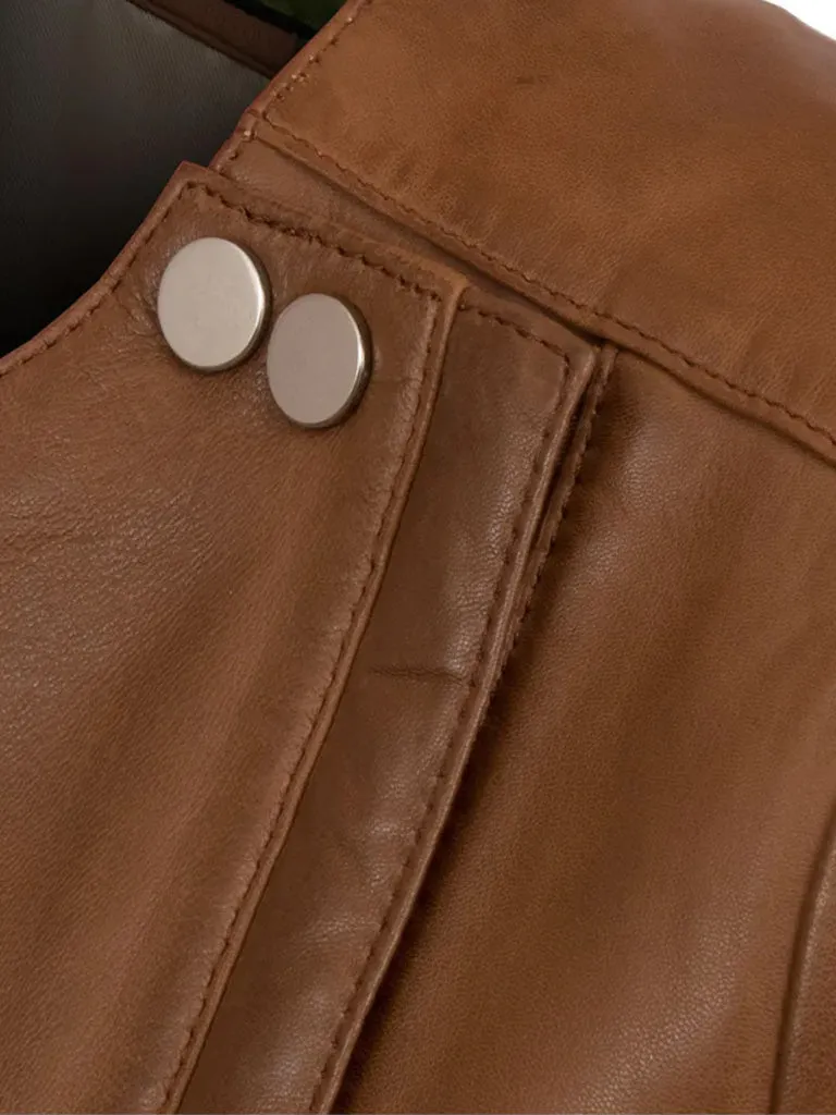 Tan Brown Collarless Biker Jacket