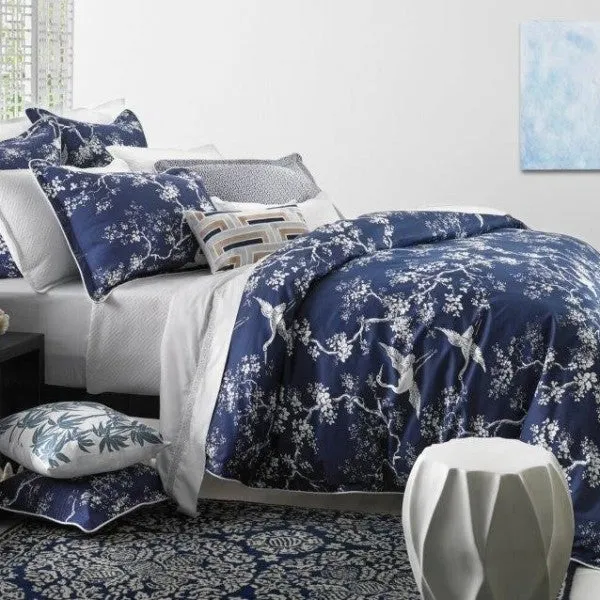 The Cranes Navy Quilted Square Filled Cushion by Florence Broadhurst