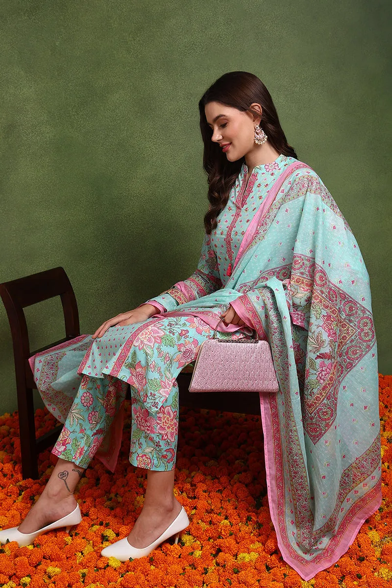 Turquoise Blue Pure Cotton Floral Printed Straight Suit Set