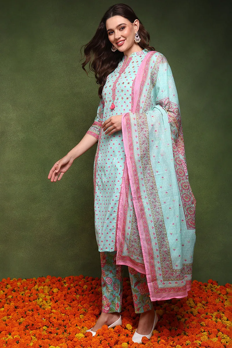 Turquoise Blue Pure Cotton Floral Printed Straight Suit Set