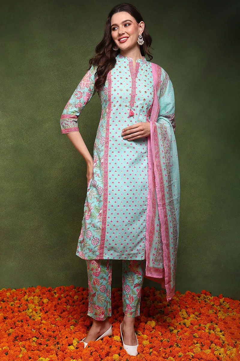 Turquoise Blue Pure Cotton Floral Printed Straight Suit Set
