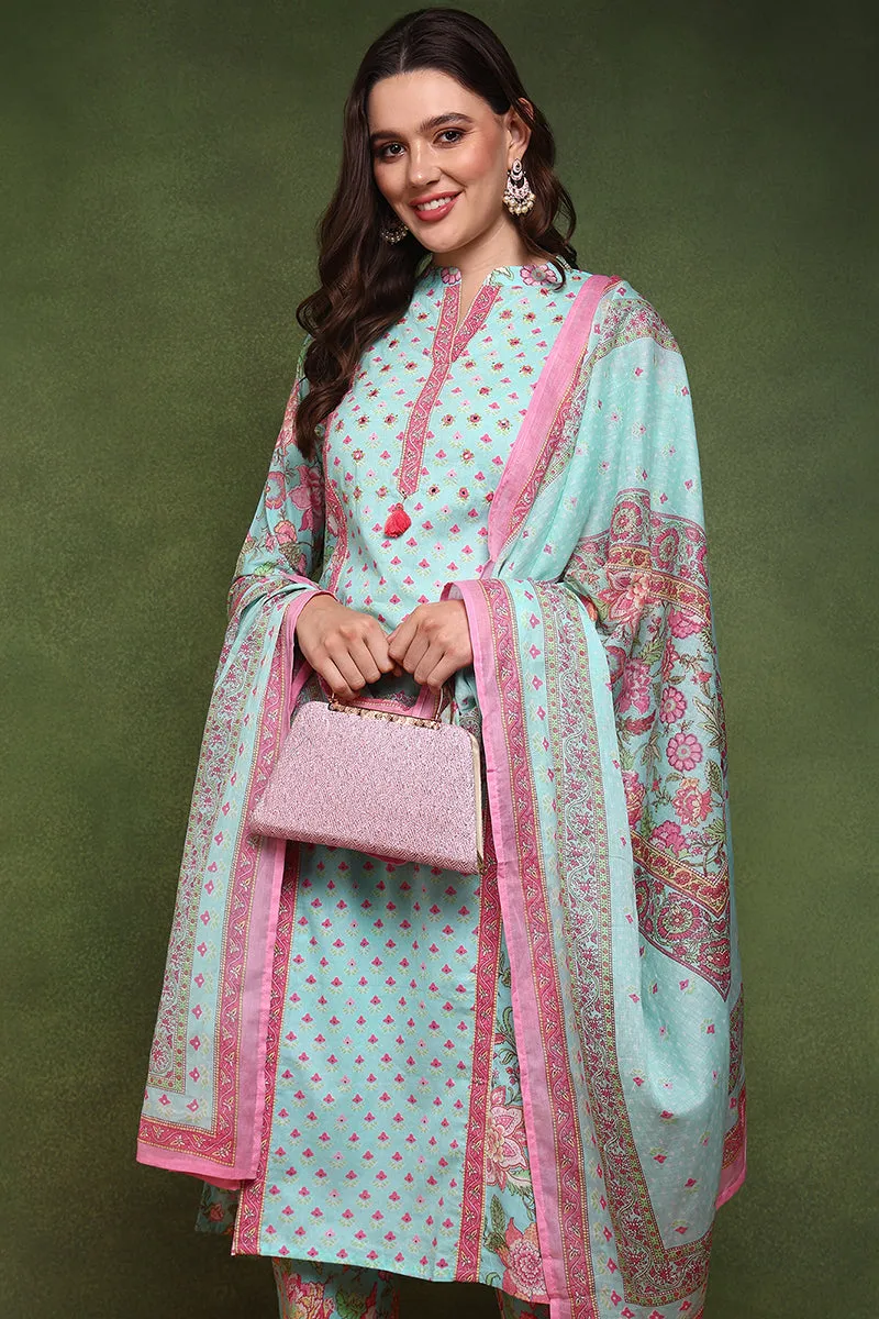 Turquoise Blue Pure Cotton Floral Printed Straight Suit Set