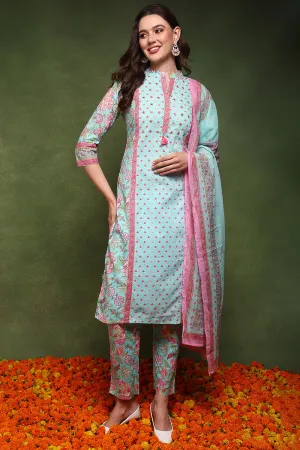 Turquoise Blue Pure Cotton Floral Printed Straight Suit Set