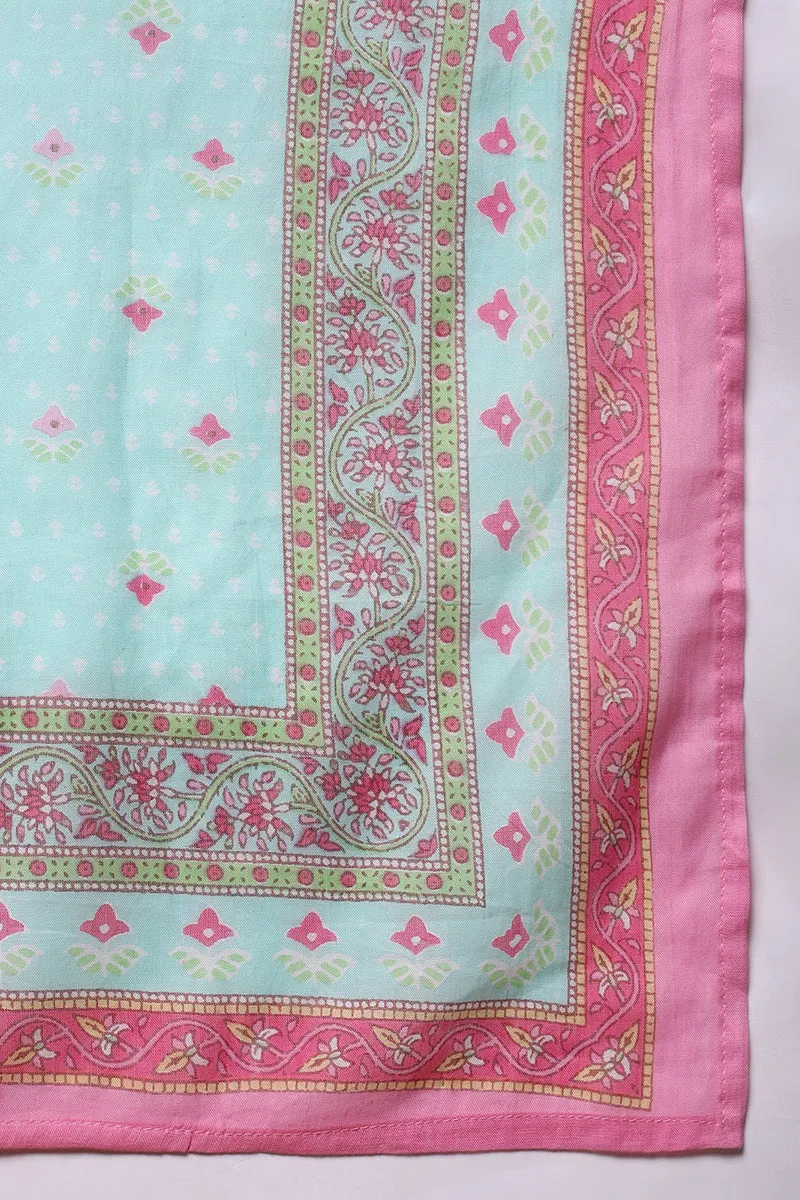 Turquoise Blue Pure Cotton Floral Printed Straight Suit Set