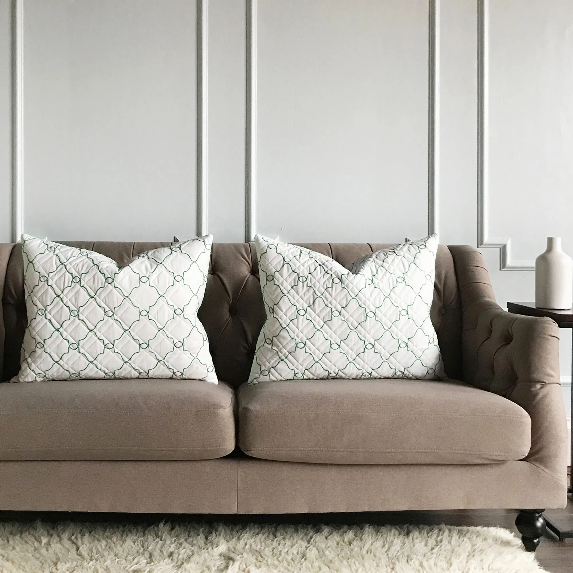 White Green Geometric Matelasse Quilted Luxury Standard Sham 20x26