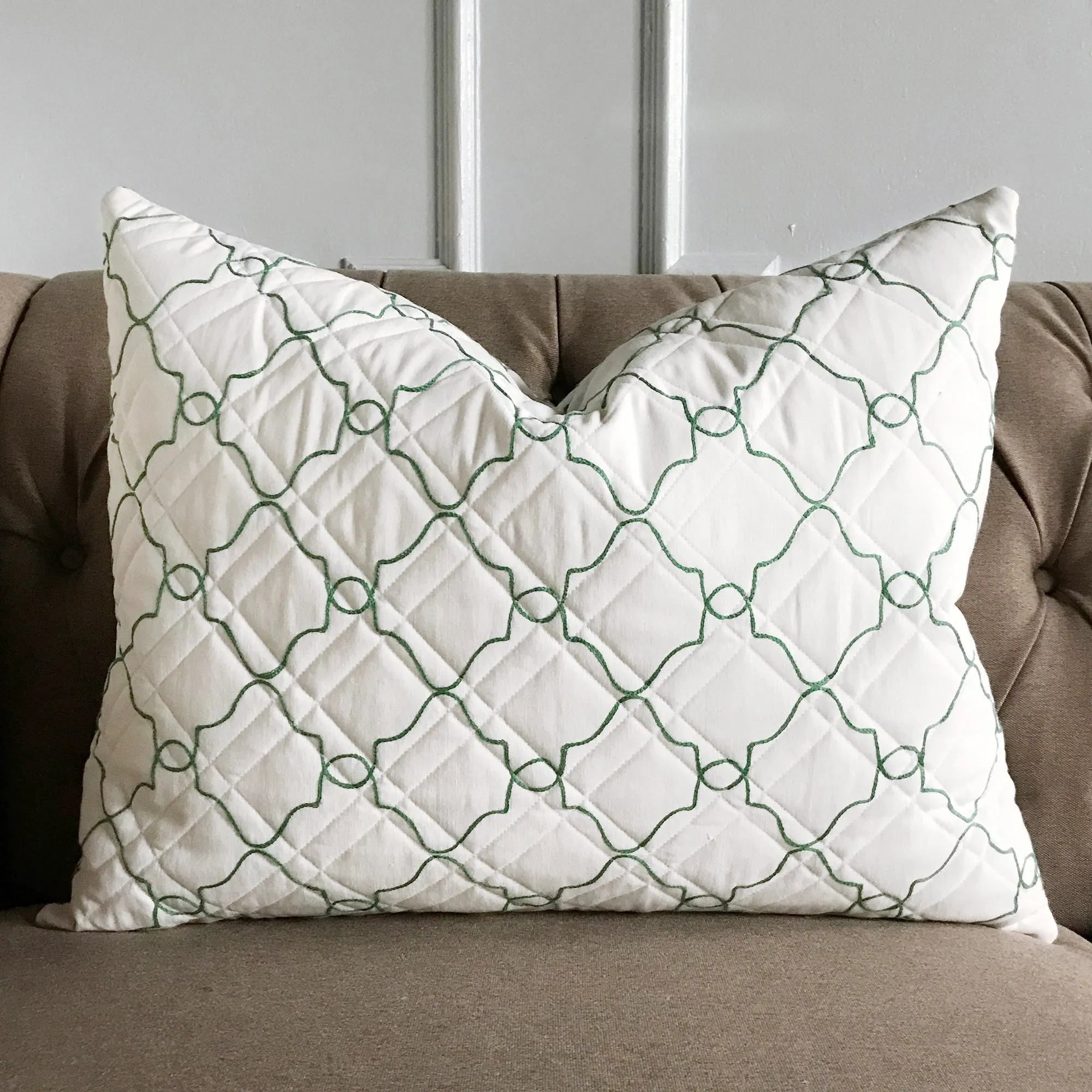 White Green Geometric Matelasse Quilted Luxury Standard Sham 20x26